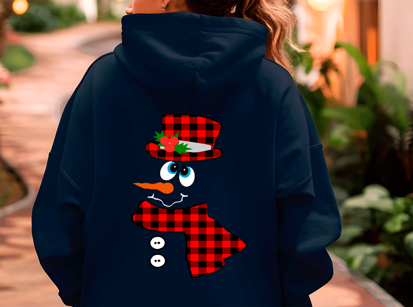 Navy blue hoodie with a snowman design featuring red plaid patterns on the back.