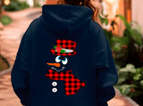 Navy blue hoodie with a snowman design featuring red plaid patterns on the back.