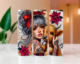 Three tumblers with artistic designs of a woman, dog, and flowers on a white surface.