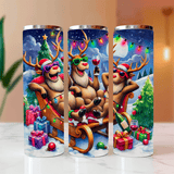 Three festive tumblers with cartoon reindeer characters on a snowy landscape.