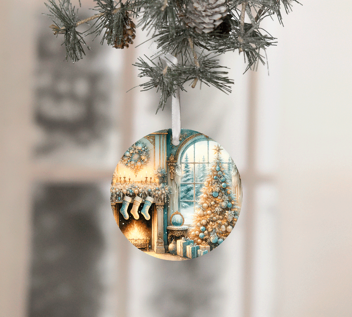 Circular Christmas ornament with a festive scene of stockings, tree, and fireplace.