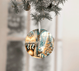 Circular Christmas ornament with a festive scene of stockings, tree, and fireplace.