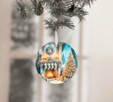 Decorative Christmas ornament with festive design on a blurred background