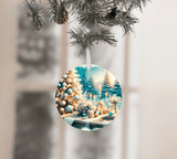 Decorative Christmas ornament with a festive scene on a blurred background