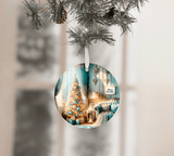 Decorative Christmas ornament with a festive scene on a white background