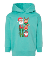 Turquoise hoodie with Christmas-themed design on a white background