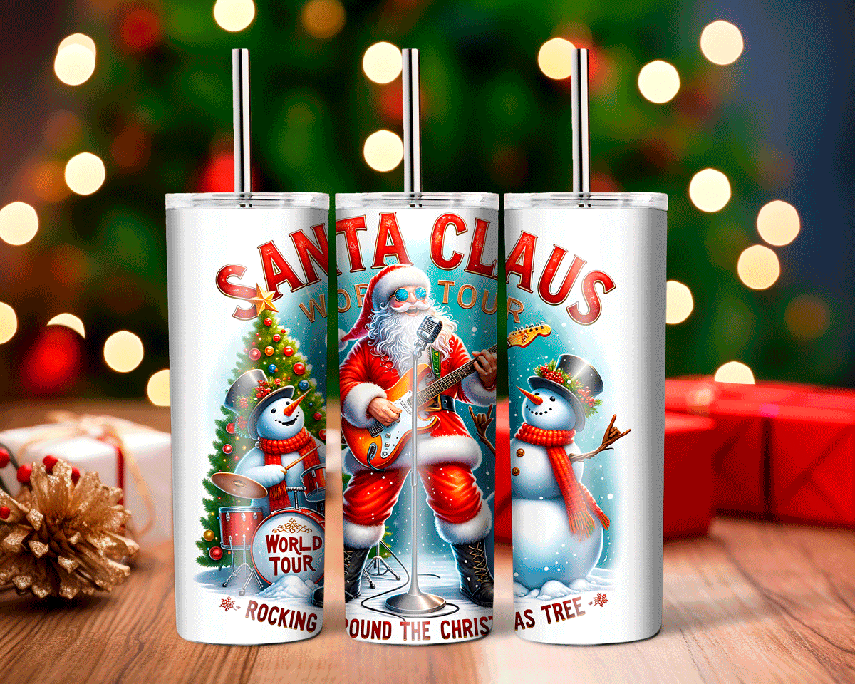 Three Christmas-themed tumblers with Santa Claus and snowman designs on a blurred festive background.