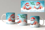 Three mugs with a cartoon Santa Claus design and 'Santa Baby' text on a white surface.