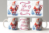 Three mugs with Santa Claus design and 'Be Merry' text on a white background
