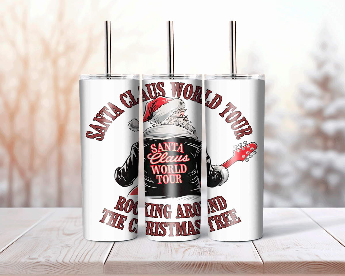 Tumbler with Santa Claus design and text on a wooden surface with a blurred background