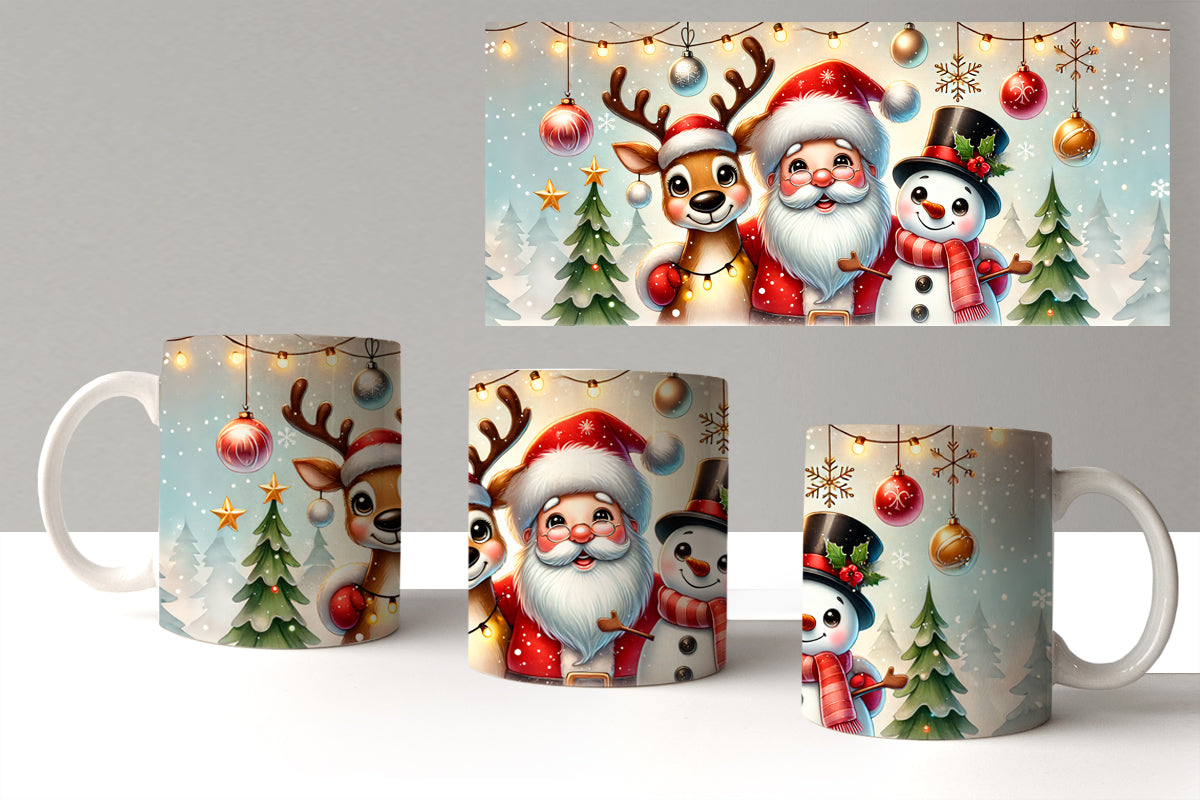 Three Christmas-themed mugs with Santa Claus, reindeer, and snowman designs on a white background.
