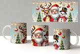 Three Christmas-themed mugs with Santa Claus, reindeer, and snowman designs on a white background.