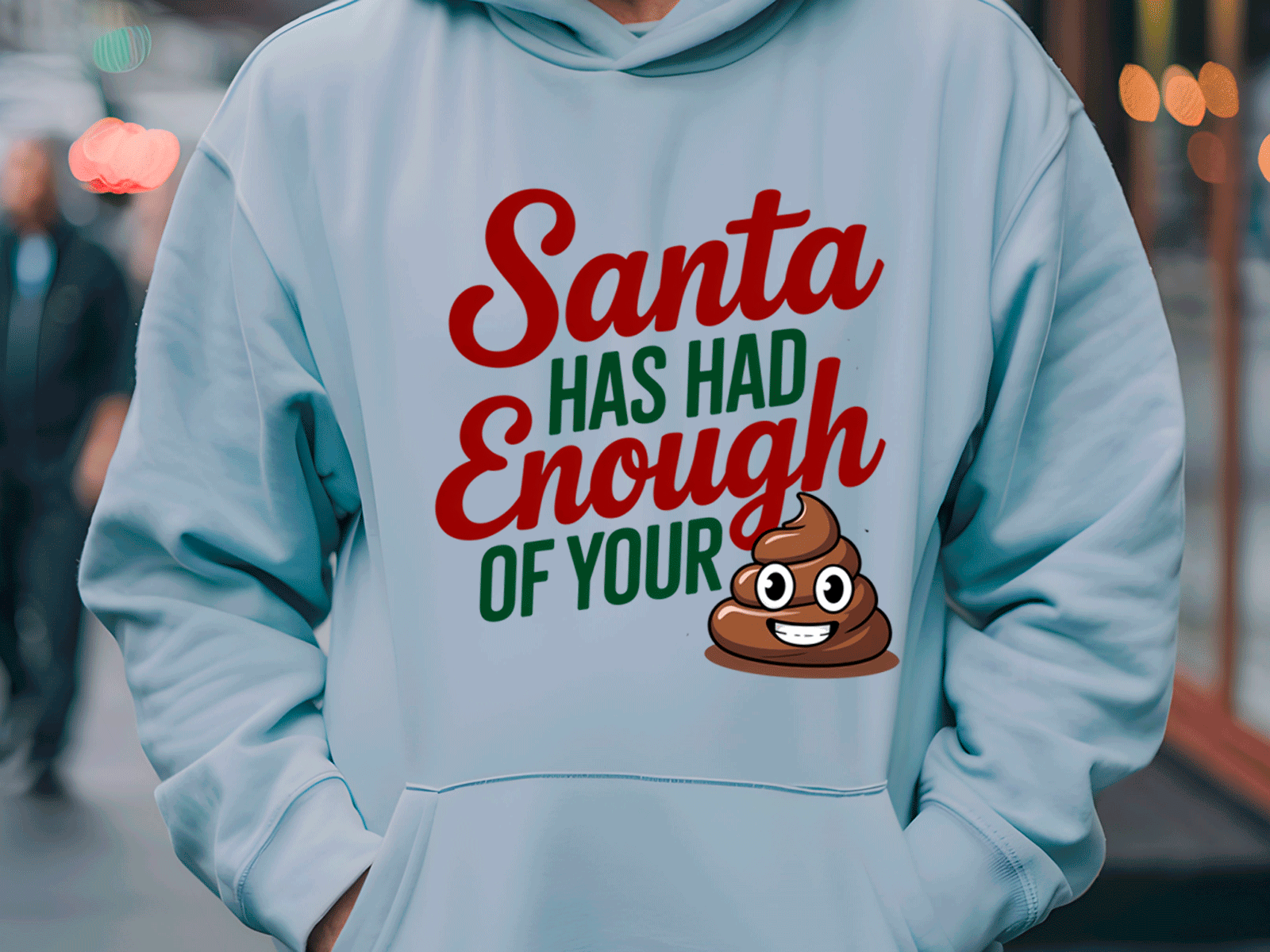 Light blue hoodie with humorous text and emoji design in an urban setting