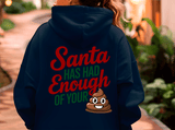 Navy hoodie with colorful text and poop emoji on the back, worn by a person outdoors.