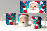 Two mugs with a cartoon Santa Claus design on a white background