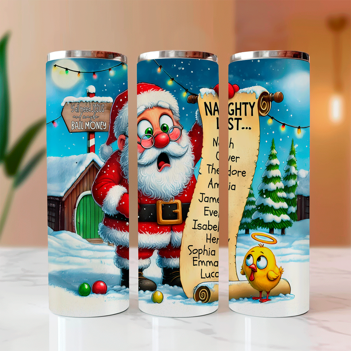 Three Christmas-themed tumblers with Santa Claus and a yellow bird on a snowy background.
