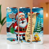 Three Christmas-themed tumblers with Santa Claus and a yellow bird on a snowy background.