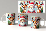 Three mugs with Christmas-themed designs featuring Santa Claus and reindeer on a white background.