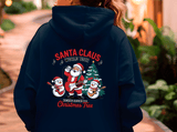 Navy blue hoodie with Santa Claus design on the back, featuring text and graphics.