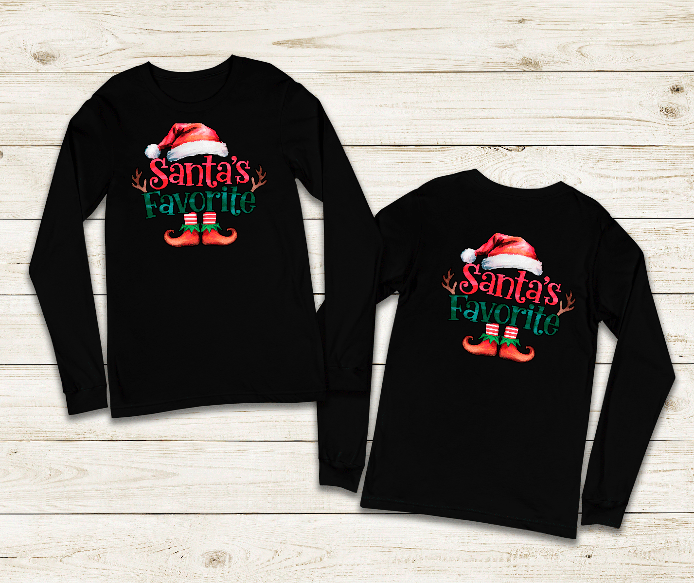 Black long-sleeve shirts with 'Santa's Favorite' text and Santa hat design on a wooden surface