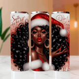 Three tumbler designs featuring a woman with curly hair, Santa hat, and festive text on a neutral background.