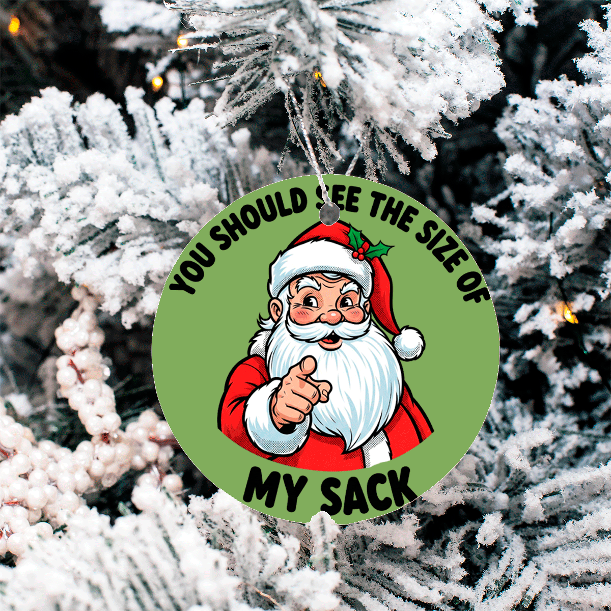 Christmas ornament with Santa Claus pointing and text 'You should see the size of my sack' on a snowy tree background.