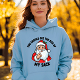 Person wearing a light blue hoodie with a graphic of Santa Claus and text, standing outdoors with trees in the background.