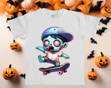 White t-shirt with a cartoon zombie on a skateboard design, surrounded by Halloween decorations.