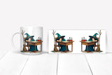 Mug and coaster set with a design of a person in a blue robe and hat sitting at a desk.