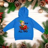 Blue hoodie with elf graphic and 'sleigh all day' text on a Christmas-themed background