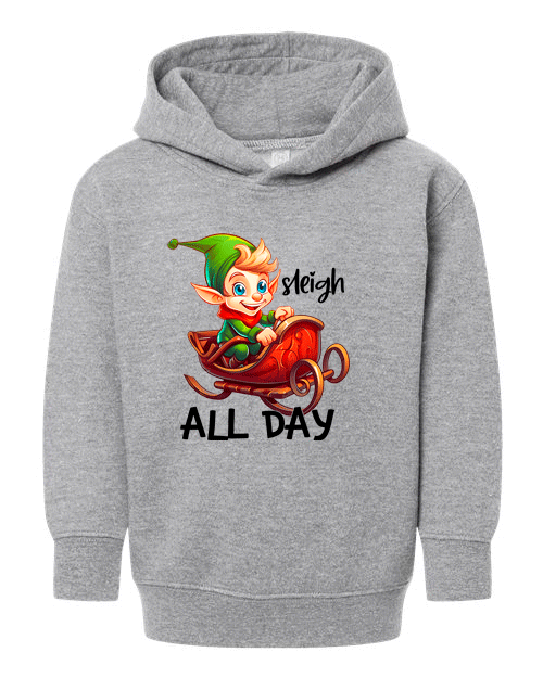 Gray hoodie with a cartoon elf and text design on a white background