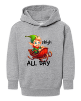 Gray hoodie with a cartoon elf and text design on a white background