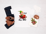 Christmas-themed items including a tee, jeans, boots, and a sweater with an elf design on a white background.