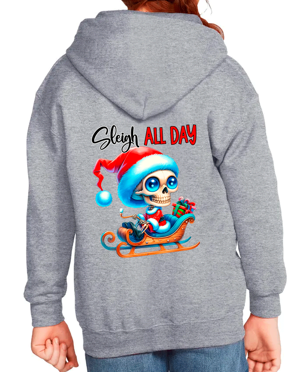 Gray hoodie with a skeleton wearing a Santa hat and sledding design on the back.