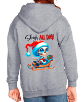 Gray hoodie with a skeleton wearing a Santa hat and sledding design on the back.