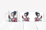 Mug with a design of a stylized character holding a phone on a white background