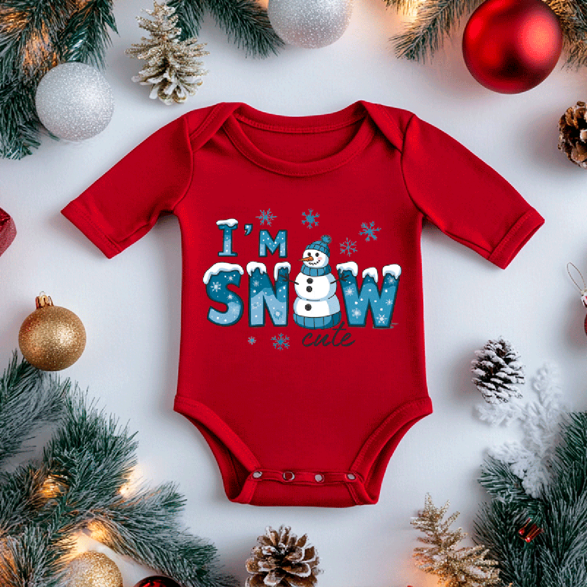 Red baby onesie with 'I'm Snow Cute' text surrounded by Christmas decorations on a white background