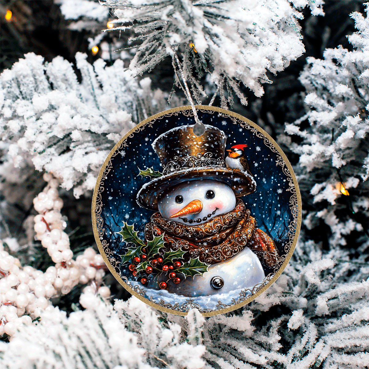 Decorative snowman ornament hanging on a snow-covered tree
