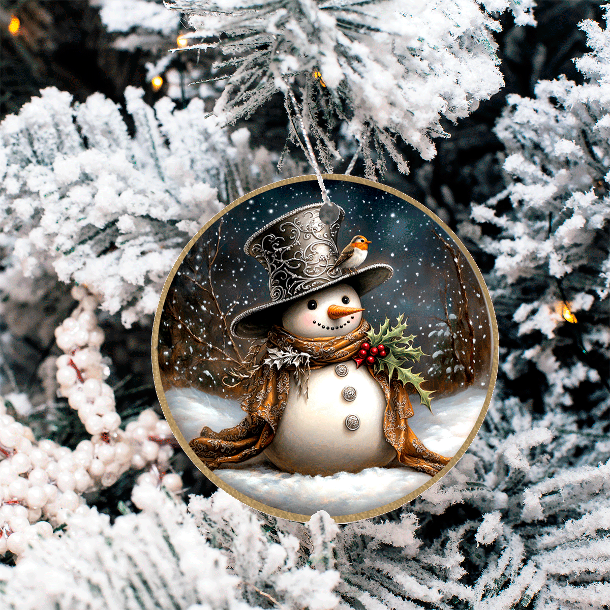 Decorative Christmas ornament with a snowman and bird on a tree