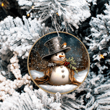 Decorative Christmas ornament with a snowman and bird on a tree