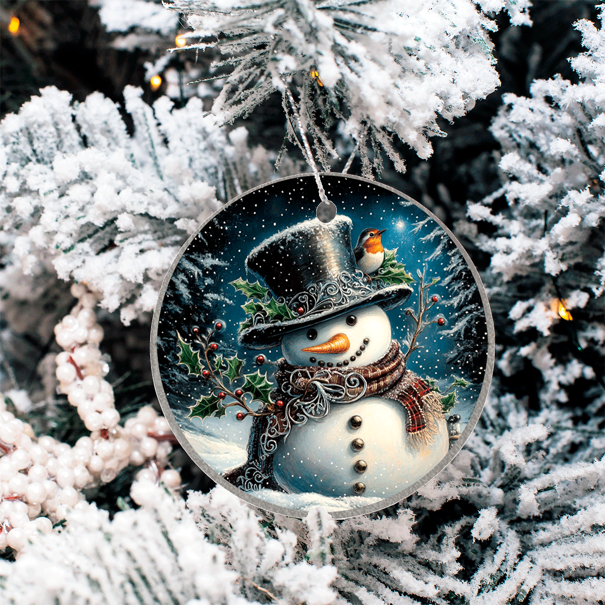 Decorative Christmas ornament with a snowman on a tree
