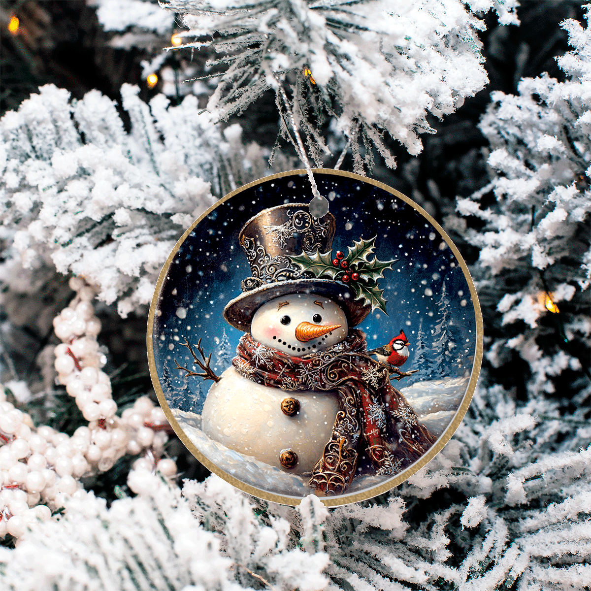 Decorative Christmas ornament with a snowman on a tree