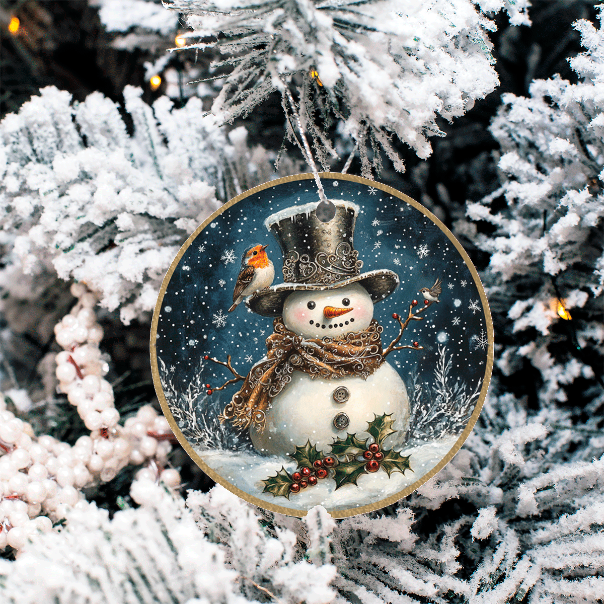 Vintage Snowman Set 2 Sublimated Ceramic Ornament 3", 5 Piece Set