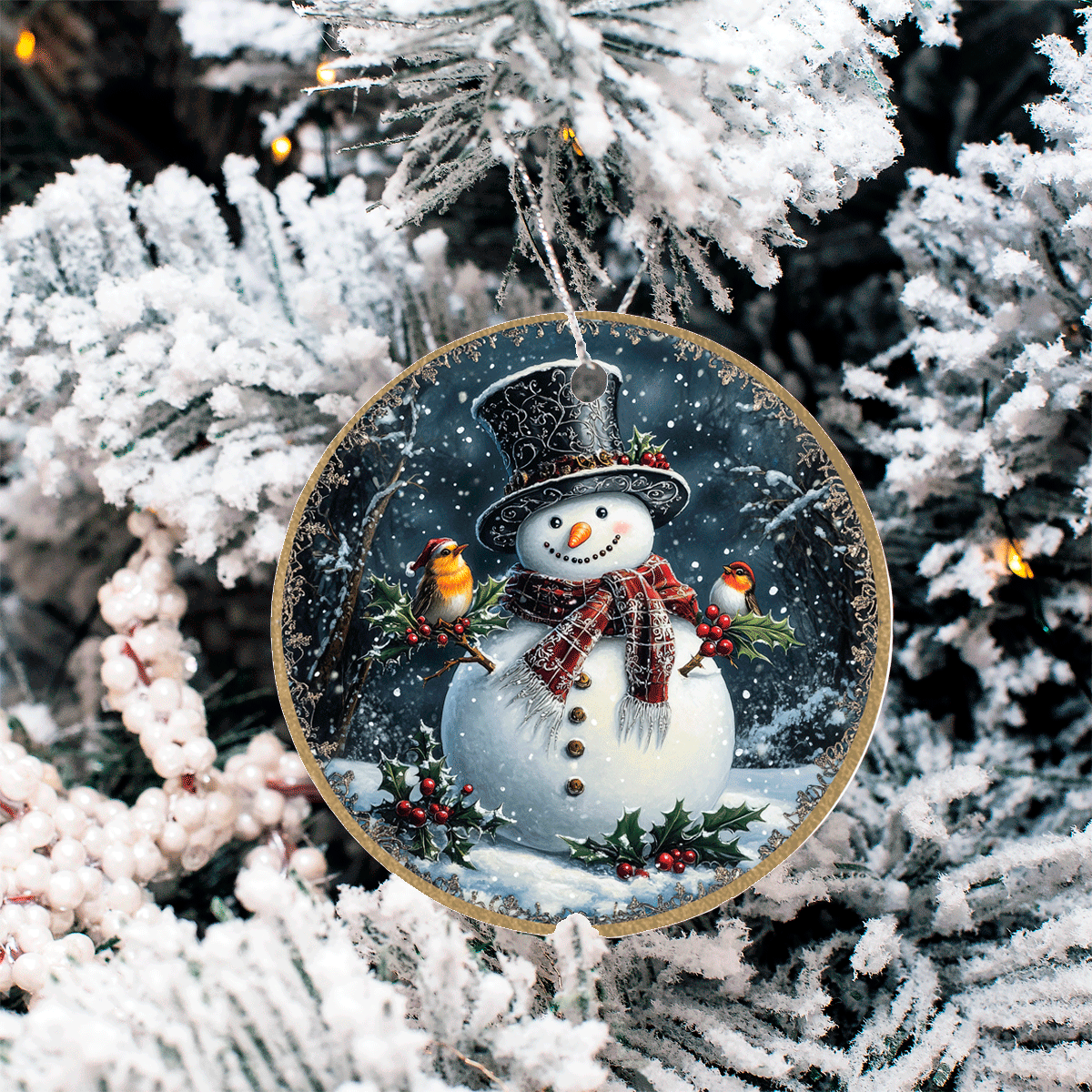 Vintage Snowman Set 2 Sublimated Ceramic Ornament 3", 5 Piece Set