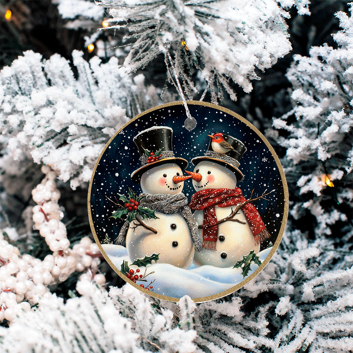 Vintage Snowman Set 2 Sublimated Ceramic Ornament 3", 5 Piece Set
