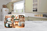 Decorative kitchen mat with Christmas design featuring a snowman and fireplace in a kitchen setting.