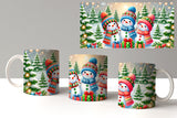 Three mugs with snowman design on a white surface, with a larger image of the design in the background.
