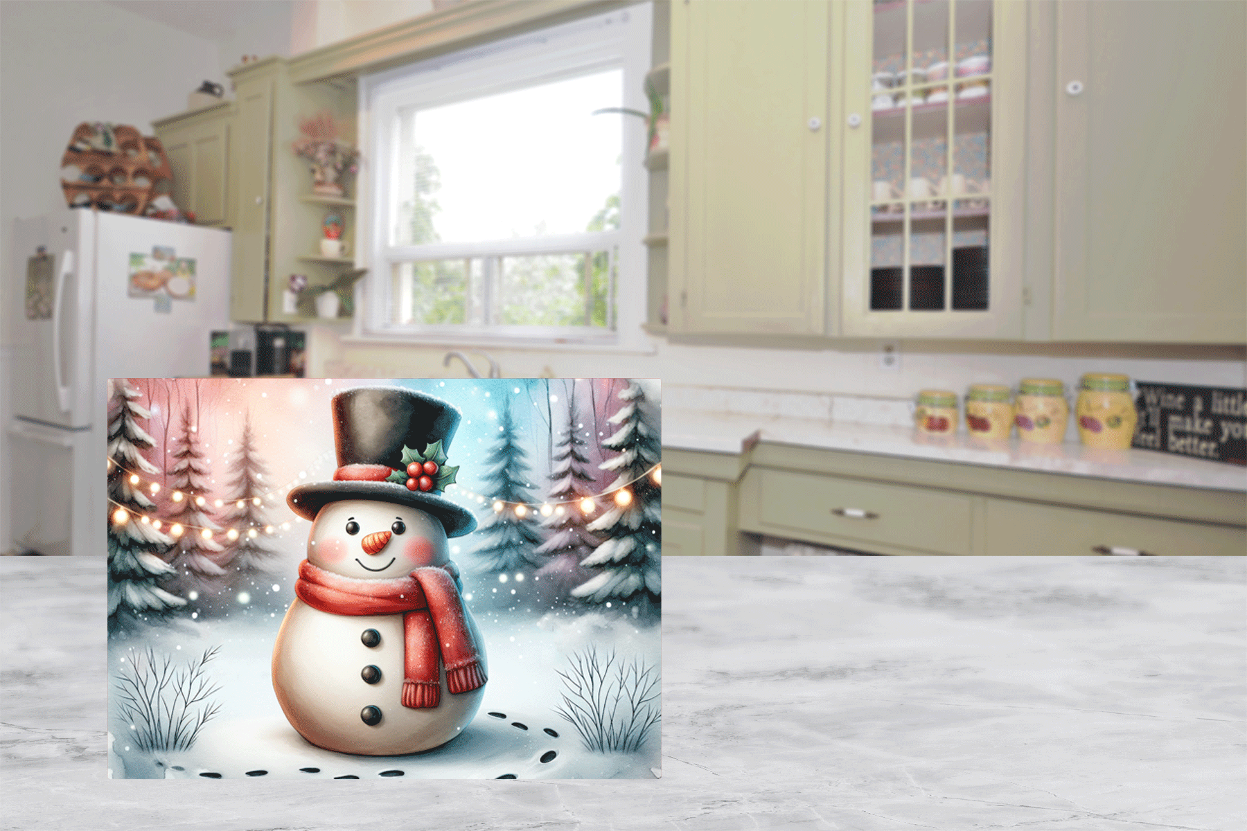 Christmas gift bag with a snowman design in a kitchen setting