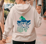 lady wearing full zip hoodie with Halloween themed graphic