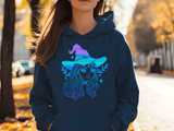 lady wearing pullover hoodie with Halloween themed graphic